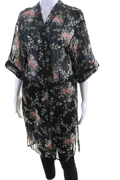 Daniel Rainn Womens 3/4 Sleeve Sheer Floral Long Kimono Jacket Black One Size