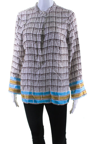 J Crew Collection Womens Satin Check Button Up Top Blouse Brown White Size Small