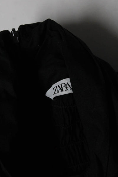 Zara Womens Tie Neck Smocked Blouse Short Sleeve Shirt Black White Medium Lot 2