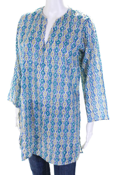Roberta Roller Rabbit Women's Cotton 3/4 Sleeve V Neck Tunic Green Blue Size M