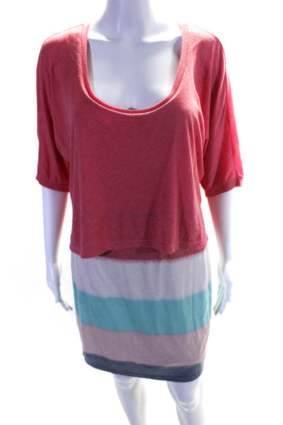 Splendid Womens Colorblock Striped Layered Short Sleeve Midi Dress Pink Size M