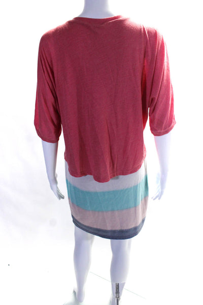 Splendid Womens Colorblock Striped Layered Short Sleeve Midi Dress Pink Size M