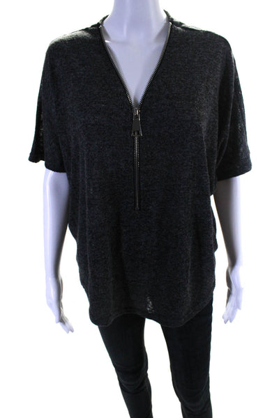 Joan Vass Womens Half Zipped Short Sleeve Textured Round Hem T-Shirt Gray Size S