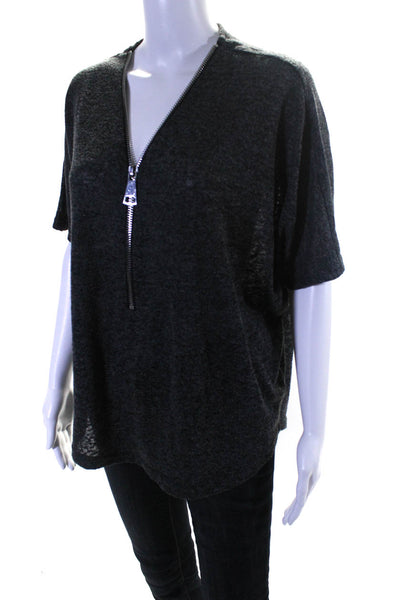 Joan Vass Womens Half Zipped Short Sleeve Textured Round Hem T-Shirt Gray Size S