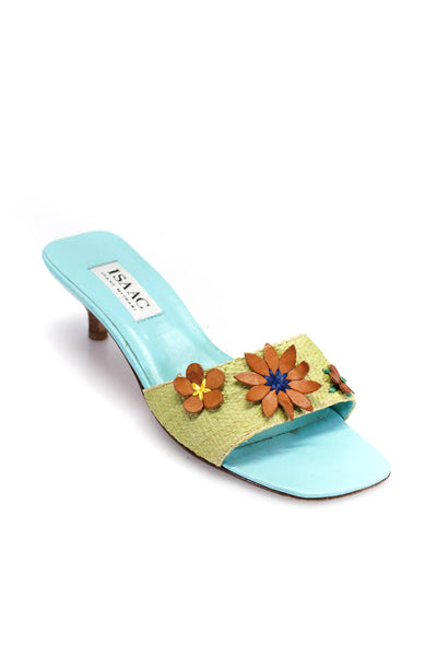 Isaac Isaac Mizrahi Womens Leather Floral Raffia Slide Sandals Green Brown 6.5B