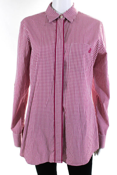 Thomas Pink Womens Check Striped Buttoned Collared Long Sleeve Top Pink Size 6