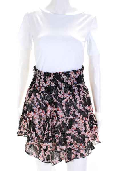 A.L.C. Womens Silk Chiffon Floral Print Smocked Tiered Skirt Black Pink Size 4
