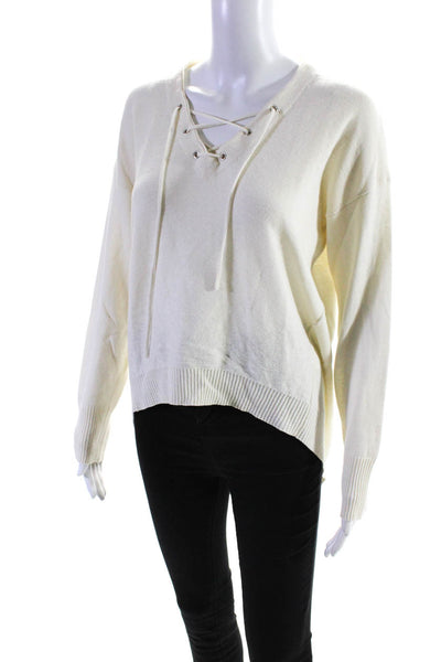 Central Park West Women's V-Neck Lace-Up Long Sleeves Sweater Ivory Size XS