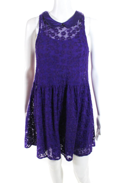 Free People Womens Embroidered Mesh Collared A Line Dress Purple Size Small