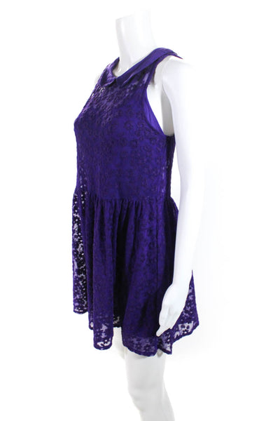 Free People Womens Embroidered Mesh Collared A Line Dress Purple Size Small