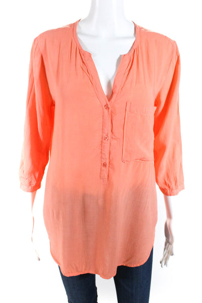 Cloth & Stone Womens Y Neck 3/4 Sleeve Button Up Top Blouse Orange Size Small