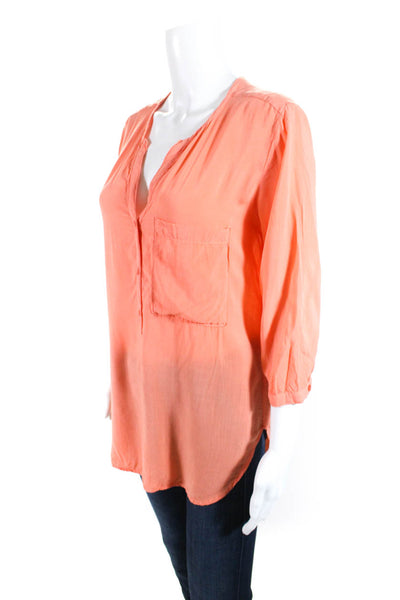 Cloth & Stone Womens Y Neck 3/4 Sleeve Button Up Top Blouse Orange Size Small