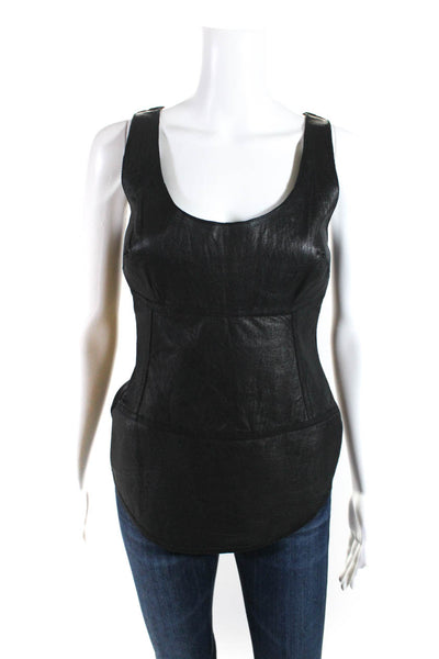 Illia Womens Scoop Neck Ribbed Knit Back Leather Mixed Media Top Black Size 2