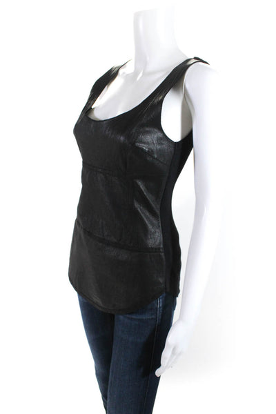 Illia Womens Scoop Neck Ribbed Knit Back Leather Mixed Media Top Black Size 2