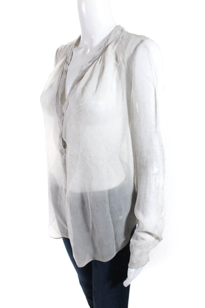 Raquel Allegra Womens Long Sleeve V Neck Sheer Silk Shirt Gray Size 0
