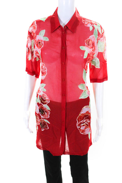 Gottex Womens Short Sleeve Button Front Rose Floral Sheer Shirt Red Size Small