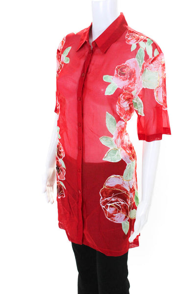 Gottex Womens Short Sleeve Button Front Rose Floral Sheer Shirt Red Size Small