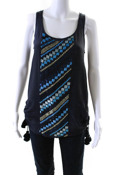 Figue Womens Silk Tassle Cinch Sequin Solid Tank Blouse Blue Size Extra Small