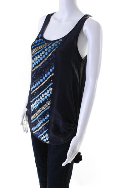 Figue Womens Silk Tassle Cinch Sequin Solid Tank Blouse Blue Size Extra Small