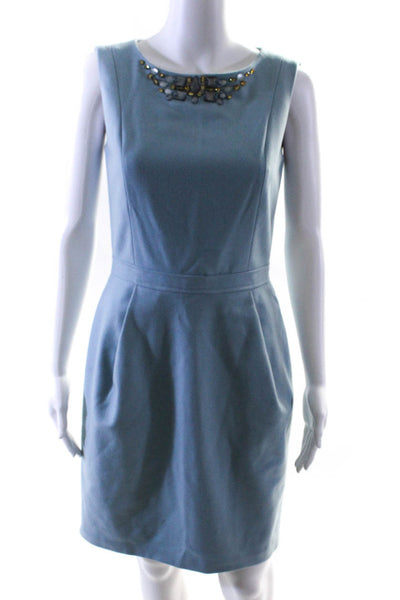 Bluegirl Blumarine Womens Solid Jeweled Neck Sleeveless Tea Dress Blue Size 42