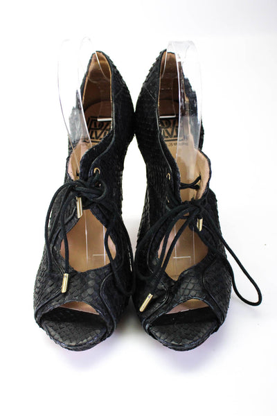 Pour la Victoire Womens Leather Laced Up Open Toe Stiletto Heels Shoes Black Siz