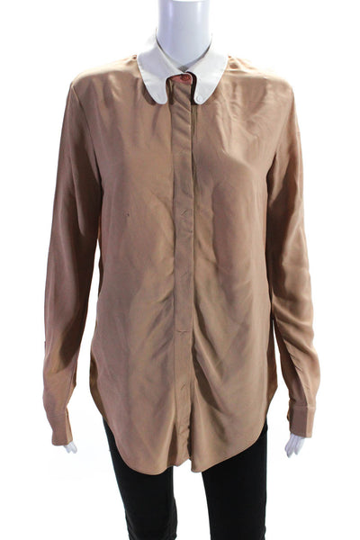 Carven Womens Silk Collared Hidden Placket Long Sleeve Blouse Top Beige Size 38