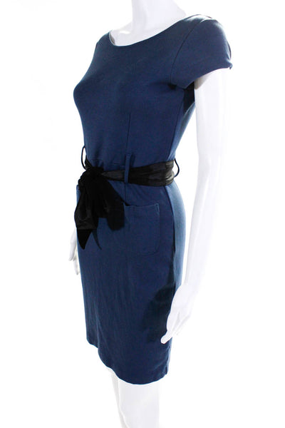 Theory Womens Belted Darted Bow Tied Short Sleeve Midi Sheath Dress Blue Size P