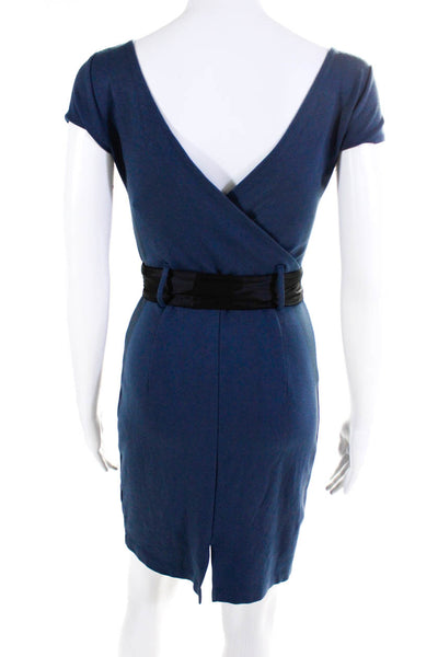 Theory Womens Belted Darted Bow Tied Short Sleeve Midi Sheath Dress Blue Size P