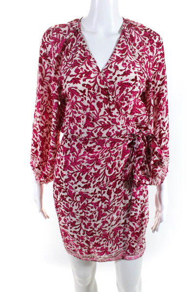 Natalie Martin Womens Long Sleeve V Neck Silk Floral Dress White Pink Size Small