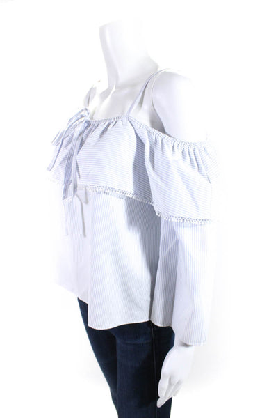 Jonathan Simkhai Womens Cold Shoulder Striped Ruffled Top White Blue Size XS
