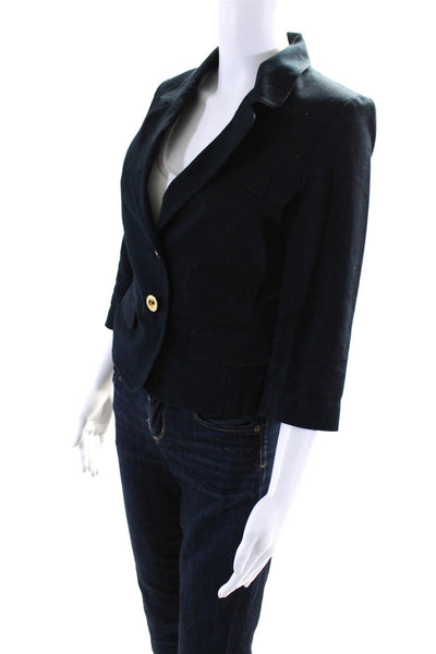 Reyes Womens Solid Cotton Faux Pocket Gold Two Button Blazer Jacket Blue Size 6