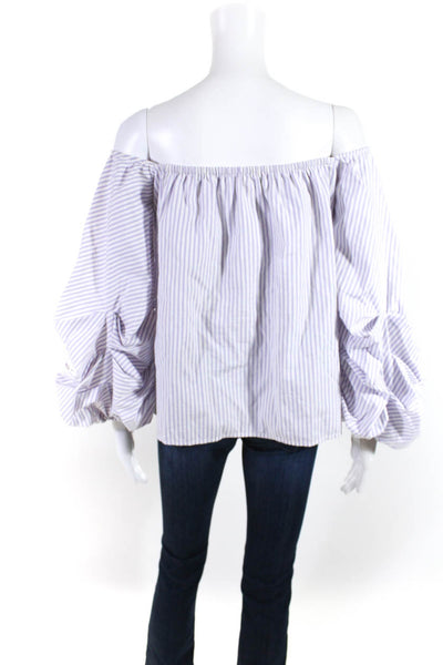 Petersyn Womens Cotton Stripe Off-the-Shoulder Ruche Sleeve Blouse Purple Size M