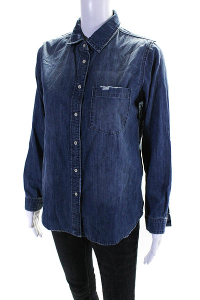 DL1961 Womens Cotton Distressed Button Down Denim Shirt Blue Size Extra Small