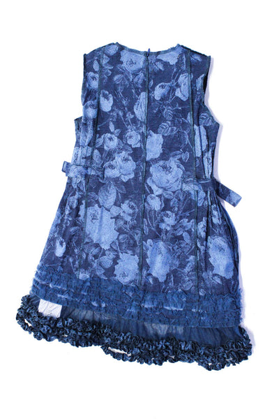1950 Girls Back Zip Sleeveless Ruffled Tulle Trim Floral Dress Blue Size 6