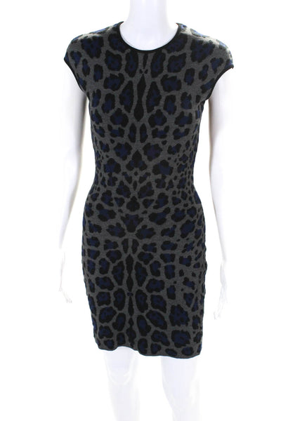RVN Womens Leopard Sleeveless Round Neck Pullover Sheath Midi Dress Gray Size M