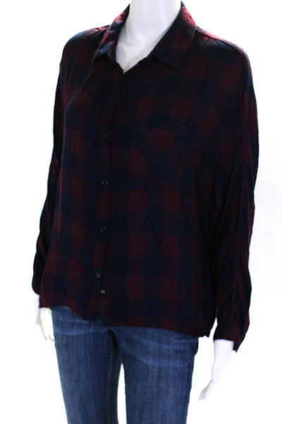 Rails Womens Check Print Cropped Collared Button Up Shirt Top Red Blue Size S