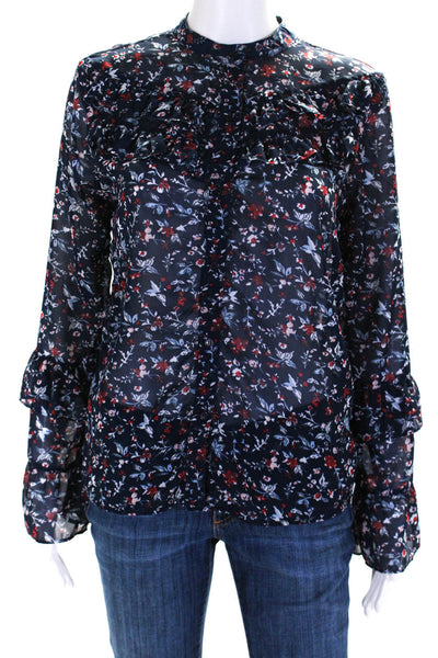 Ted Baker Womens Floral Print Tiered Sleeve Button Up Blouse Top Blue Red Size S