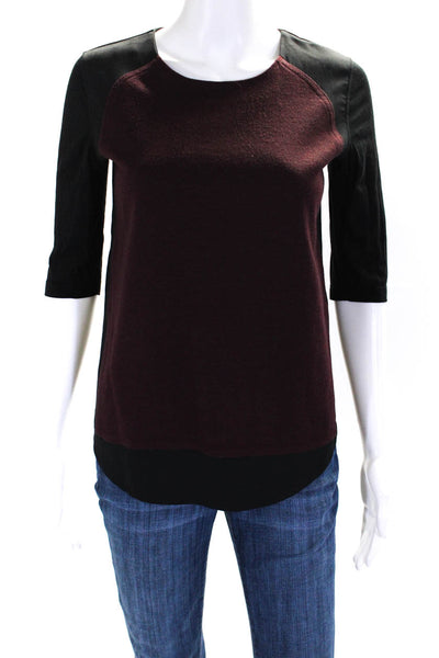 The Kooples Womens Wool Colorblock Print Half Sleeve Top Black Burgundy Size XS