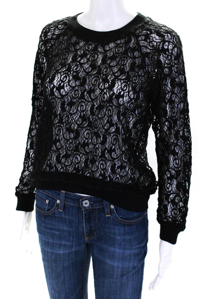 Rebecca Taylor Womens Cotton Damask Lace Crewneck Long Sleeve Top Black Size XS