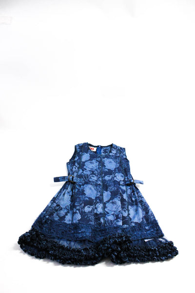 1950 Girls Back Zip Sleeveless Ruffled Trim Floral Shift Dress Blue Size 6