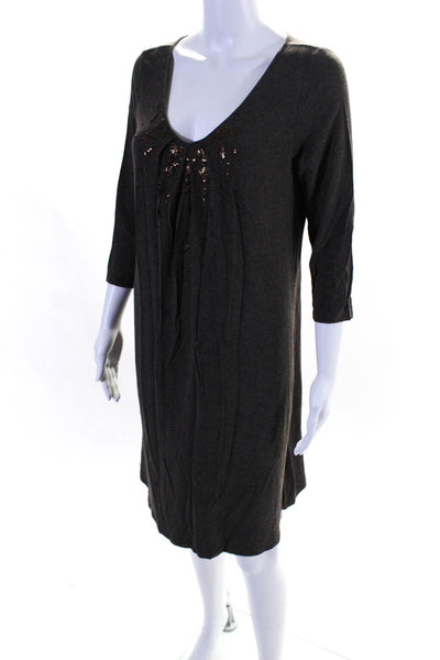 Eileen Fisher Womens Beaded V Neck Pleated Dress Brown Size Small