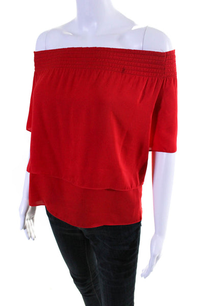 Amanda Uprichard Womens Smocked Off The Shoulder Blouse Top Red Size S