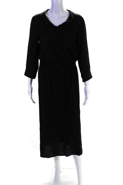 Neiman Marcus Womens Collared Solid Long Sleeve Maxi Dress Black Size Small