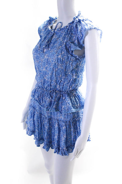 Designer W.A.P.G Womens Floral Tiered Ruffled Curled Hem Midi Dress Blue Size L
