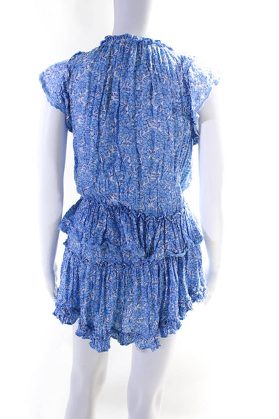 Designer W.A.P.G Womens Floral Tiered Ruffled Curled Hem Midi Dress Blue Size L