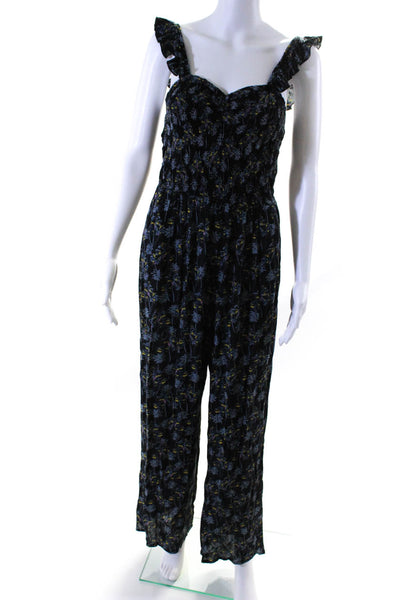 RD Style Womens Floral Ruched Ruffled Straight Leg Jumpsuit Black Size S