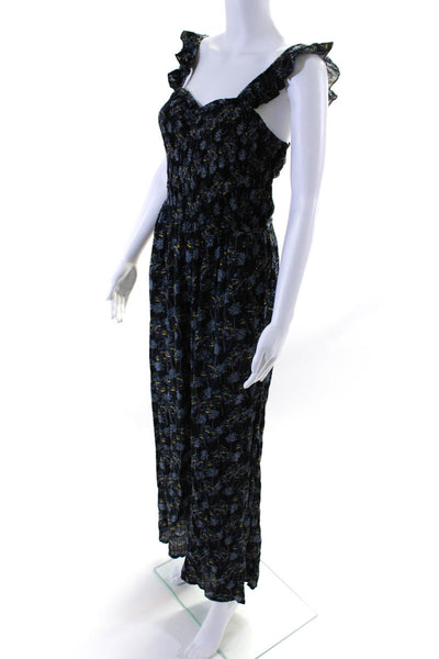 RD Style Womens Floral Ruched Ruffled Straight Leg Jumpsuit Black Size S