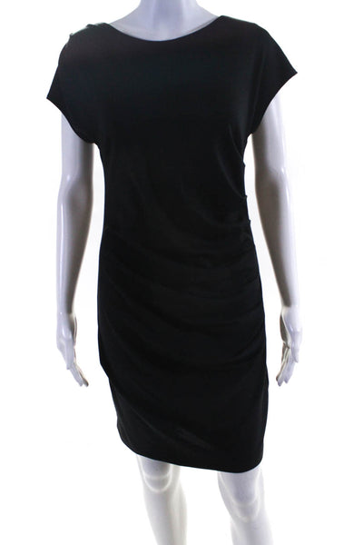 Aqua Womens Black Crew Neck Cap Sleeve Ruched Pullover Pencil Dress Size M