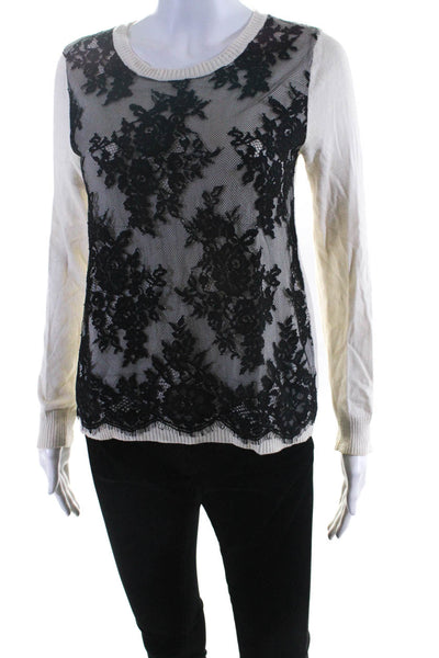 Central Park West Womens Cream Black Lace Crew Neck Long Sleeve Sweate Size S