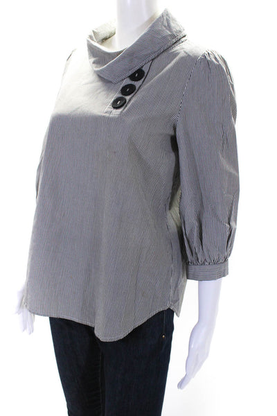 Tibi Womens Cotton Striped Print Mock Neck Long Sleeve Shirt White Black Size XS
